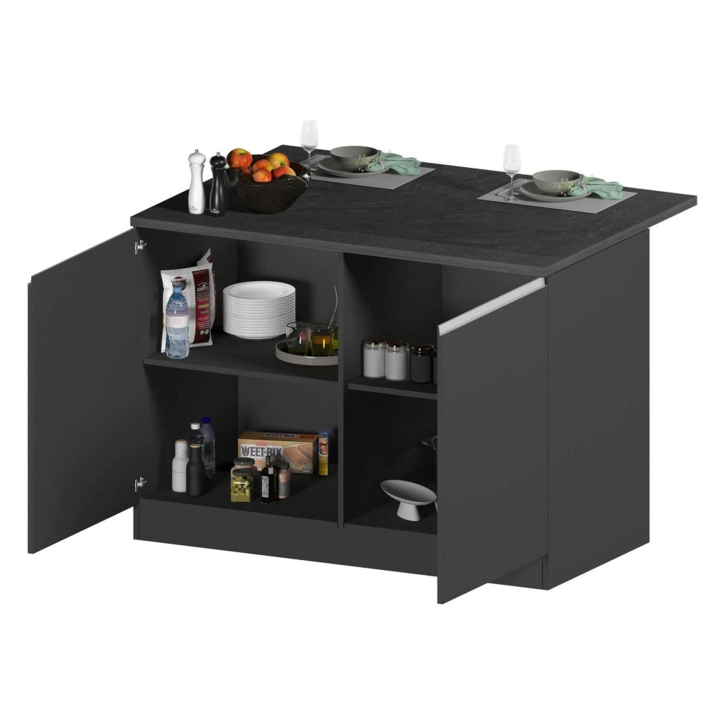 Isola da cucina Analiza, Tavolo ausiliario portaoggetti, Mobile da cucina a 2 ante, 100% Made in Italy, 125x90h90 cm, Antracite e Ardesia