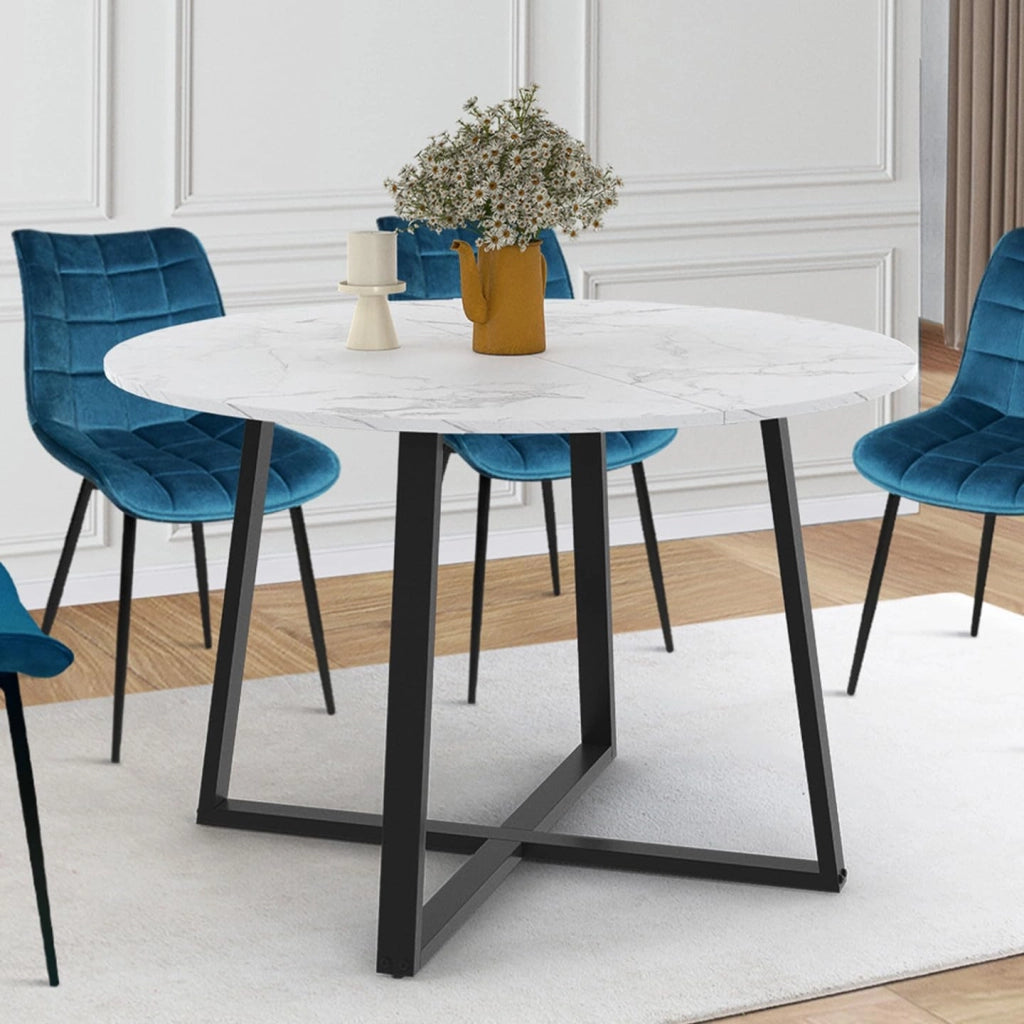 Tavolo da pranzo rotondo SELMA 4-6 persone ALASKA piano effetto marmo bianco e nero 110 cm