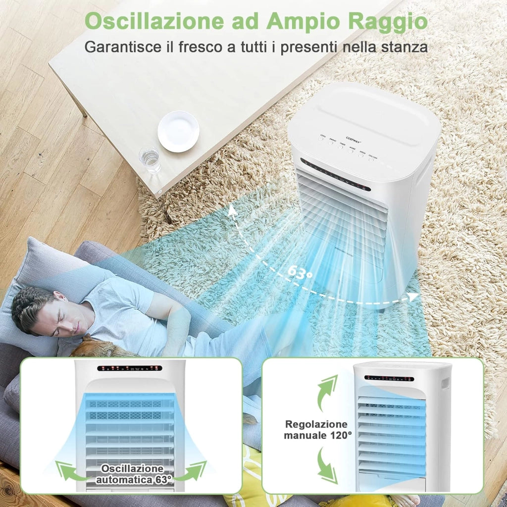 Condizionatore Portatile 4 in 1, Con Raffreddamento, Ventola, Umidificazione, Purificazione, Serbatoio dell’acqua di 10 L, 15H Timer, Con Telecomando e Ruote