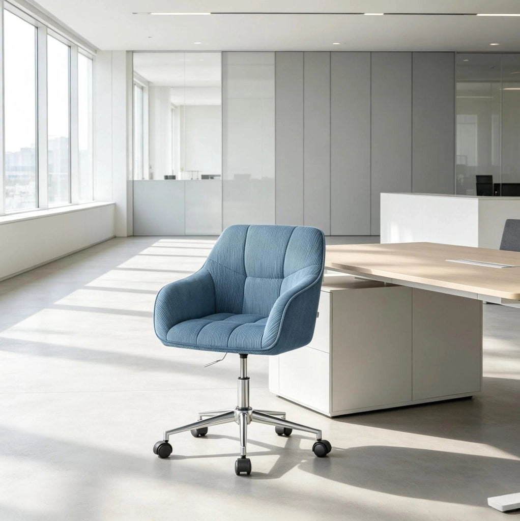 Sedia da ufficio girevole in velluto blu con schienale ergonomico e altezza regolabile