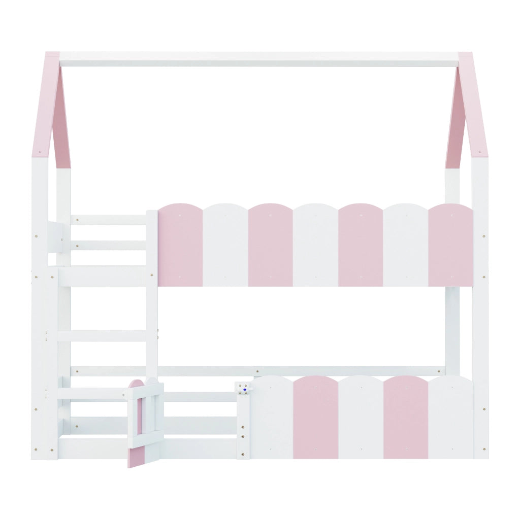 Letto a castello per bambini 90x200 cm a forma di casa rosa e bianco