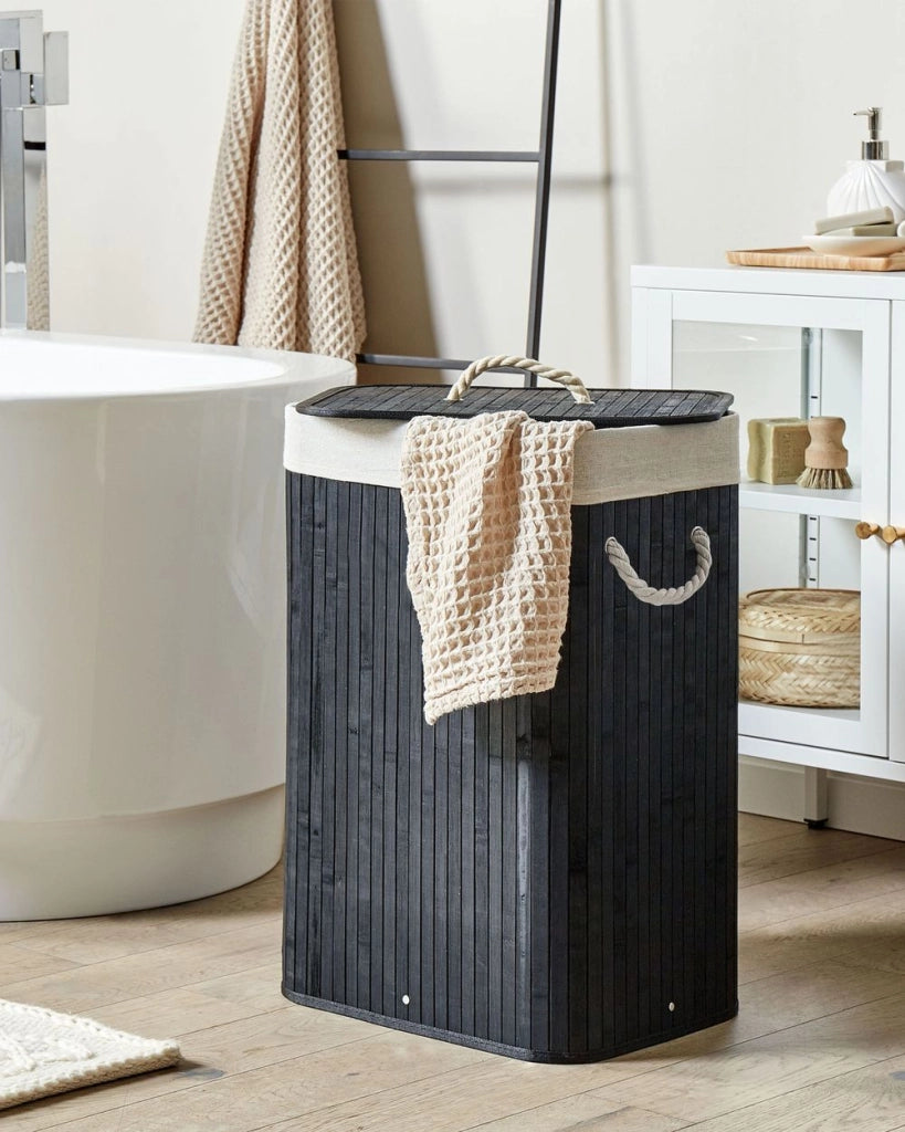 Cestino portaoggetti in bambù nero con coperchio Cestino per biancheria Accessori pratici lavanderia bucato