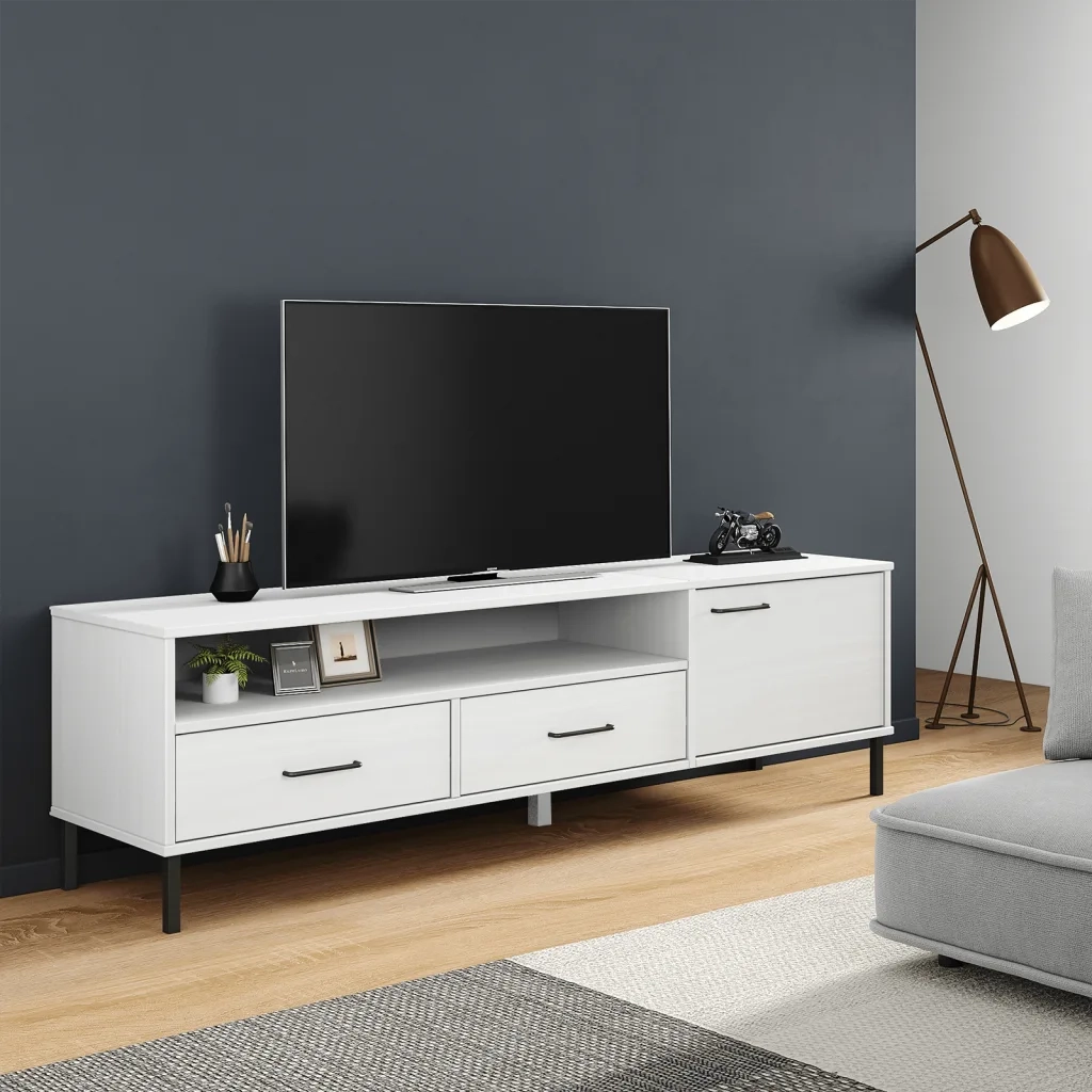 Mobile TV | Armadietto TV | Mobile Porta TV con Gambe Metallo Bianco Legno Massello di Pino OSLO