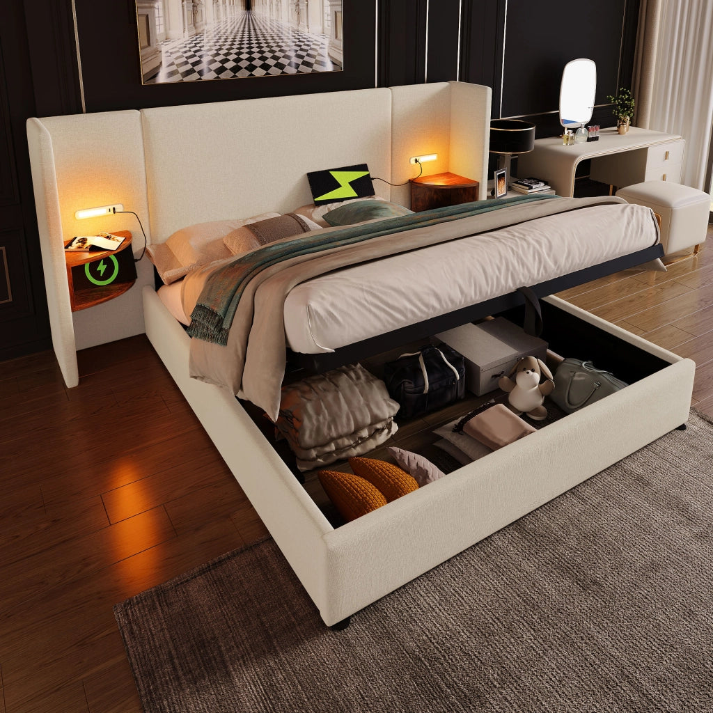 Letto Contenitore Matrimoniale; USB-C; Lampada da Lettura e Ripiani; 180 × 200 cm; senza Materasso