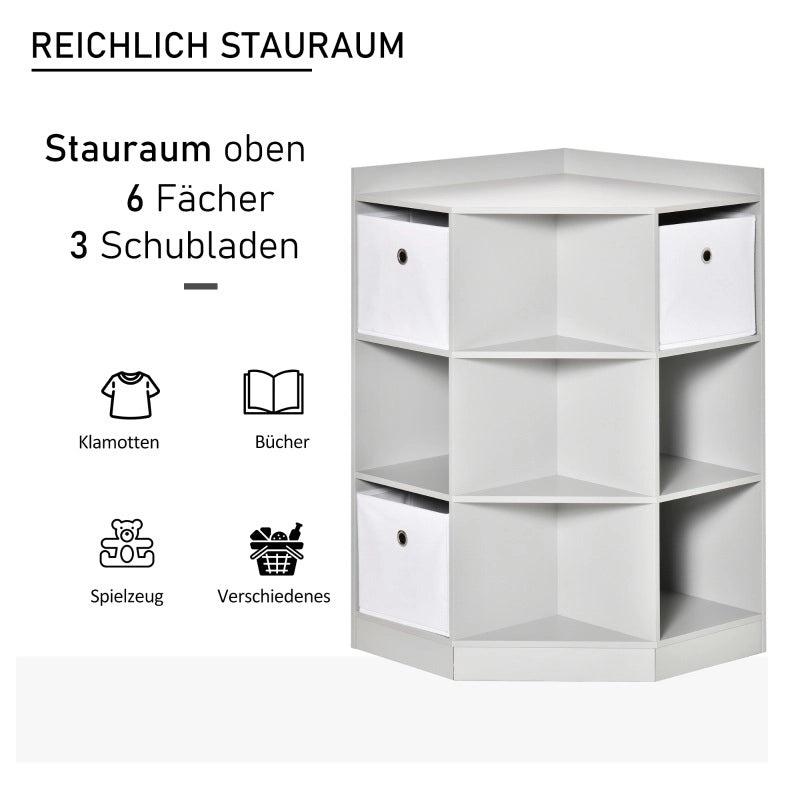 Scaffale angolare per bambini grigio in MDF con 3 cassetti