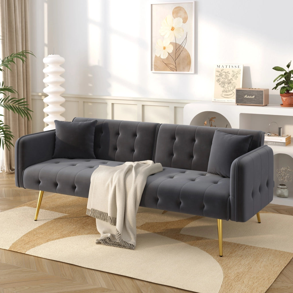 Divano letto 2 posti trasformabile 215x81;5 cm in velluto grigio antico con schienale regolabile