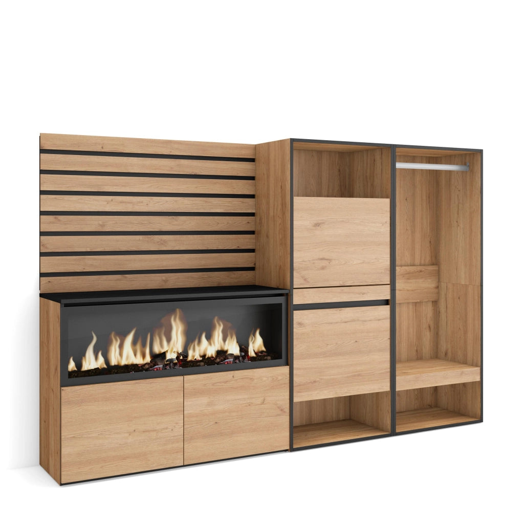 Credenza, 227x35x145cm, Camera da letto, Camino elettrico XXL, Scarpiera, Armadio Aperto, colore Rovere RF3398