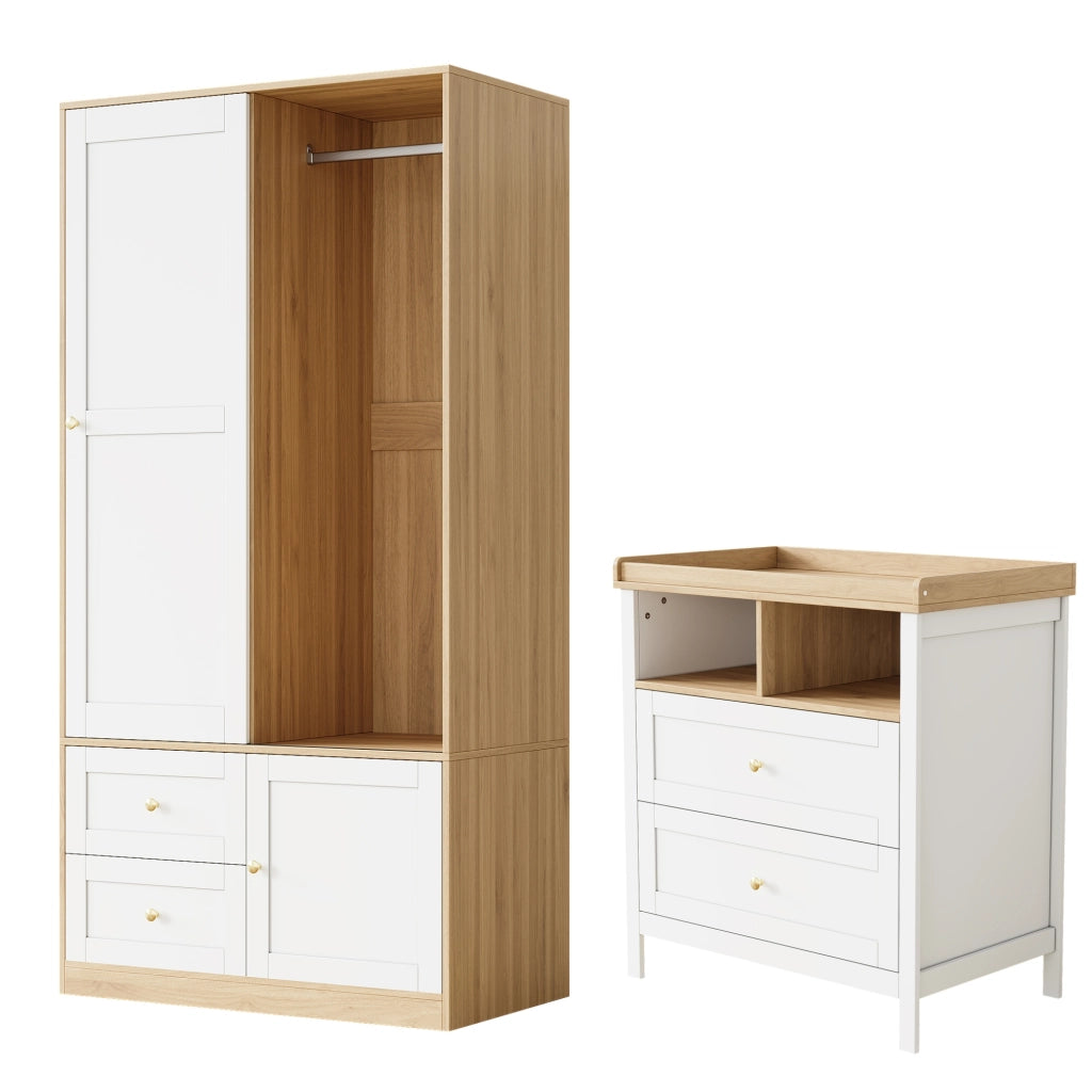 Armadio con ante scorrevoli e fasciatoio con spondina, cassetti e vani aperti, per cameretta, in MDF, bianco naturale