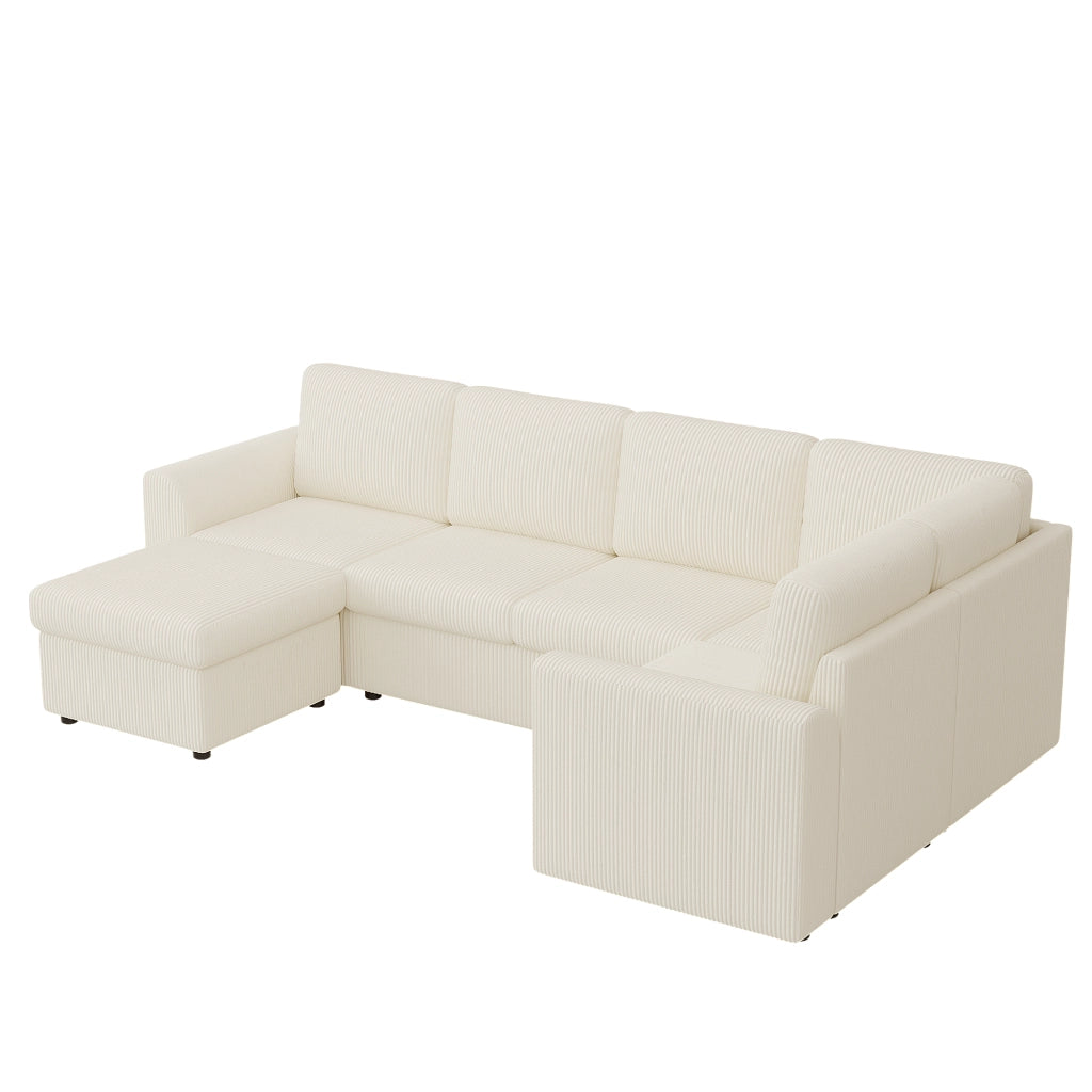 Divano Angolare con Poggiapiedi ¨C MINIMAL ¨C Velluto a Coste Beige, 282x85x153 cm