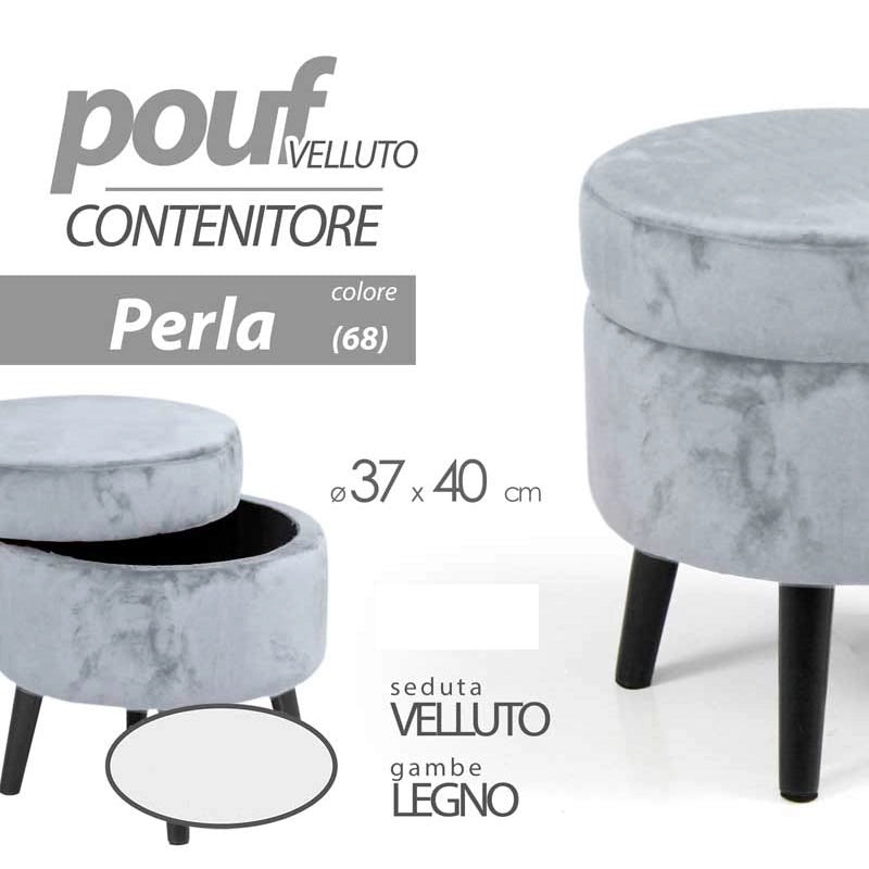 Pouf Contenitore Sgabello Cassapanca Poggiapiedi in Tessuto Velluto Perla 37x40