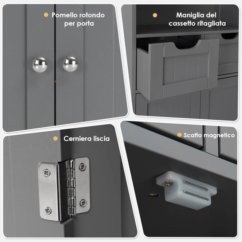 Armadietto Terra da Bagno Mobile Autoportante, Mobiletto Ufficcio Multiuso, con Cassetti e Ripiani, Ampio Spazio, Legno (Grigio)
