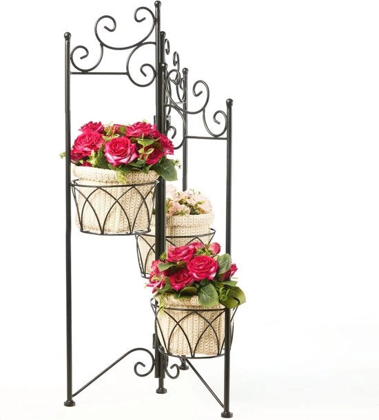 Porta fiori metallico pieghevole con 3 livelli – Supporto piante nero 75 x 35 cm