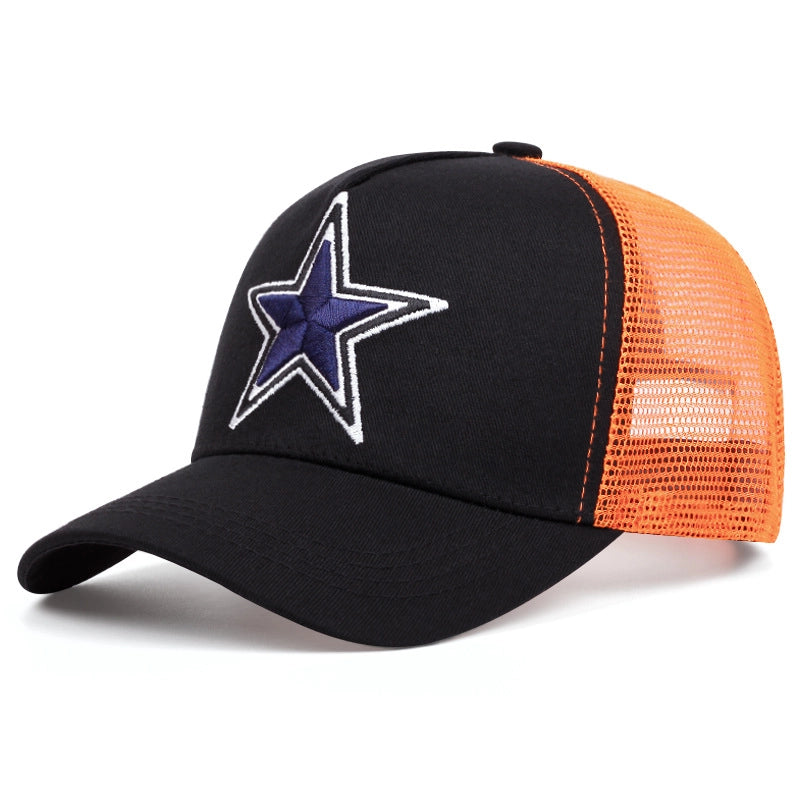 Cappellino da baseball a cinque punte con stella, nero e arancione.