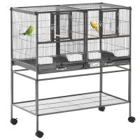 Doppia Gabbia per Uccelli in Metallo di Alta Qualità con Vassoi Estraibili, Supporto Stabile con 4 Ruote e Ripiano, 95x45.5x102cm, Nero Grigio
