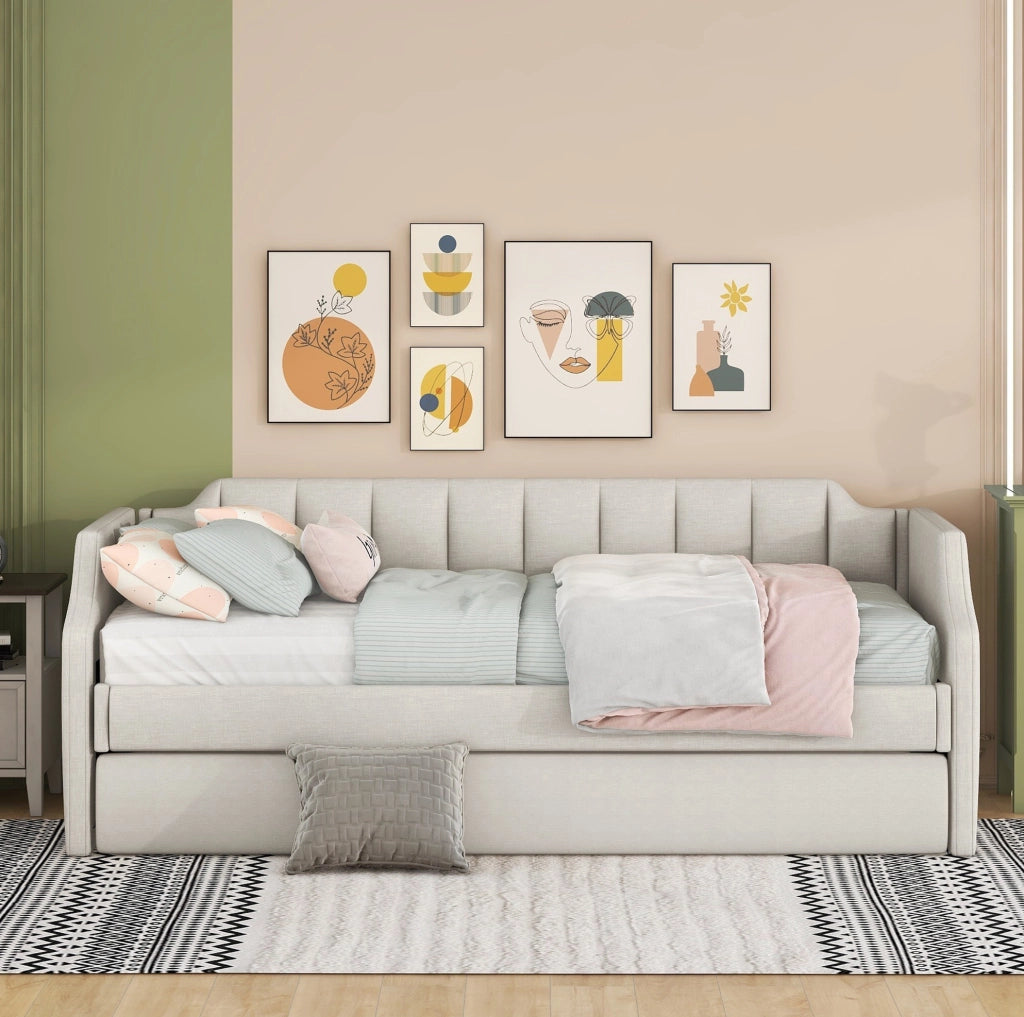 Letto singolo imbottito con secondo letto estraibile e design salvaspazio