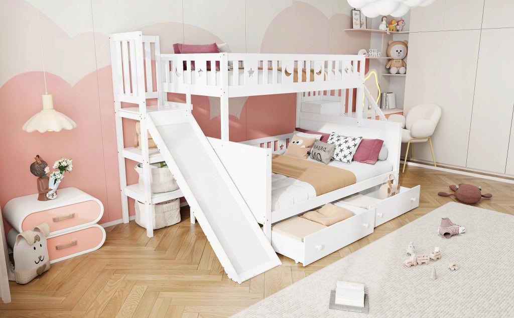 Letto a castello per bambini 90x200/140x200 - Xylo - Bianco con scivolo