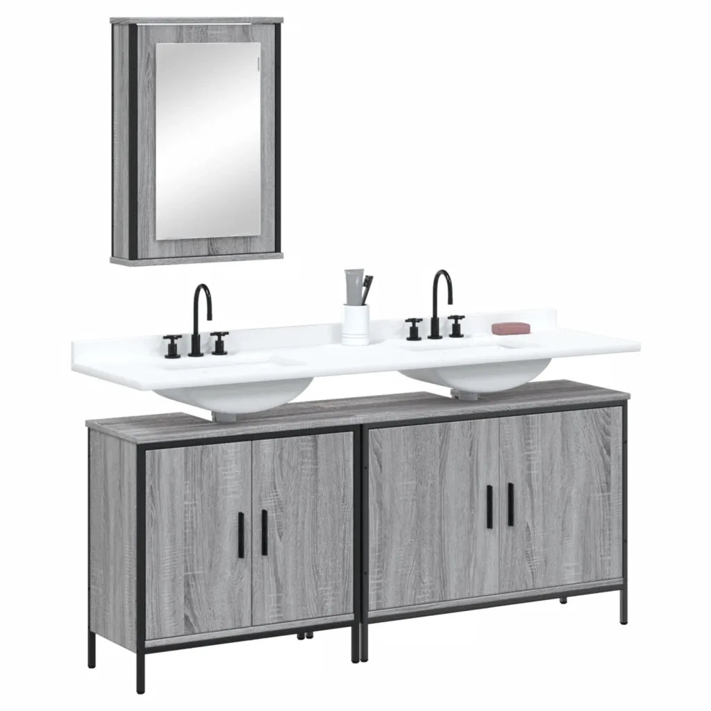 Set Mobili da Bagno | Armadio da bagno 3 pz Grigio Sonoma in Legno Multistrato