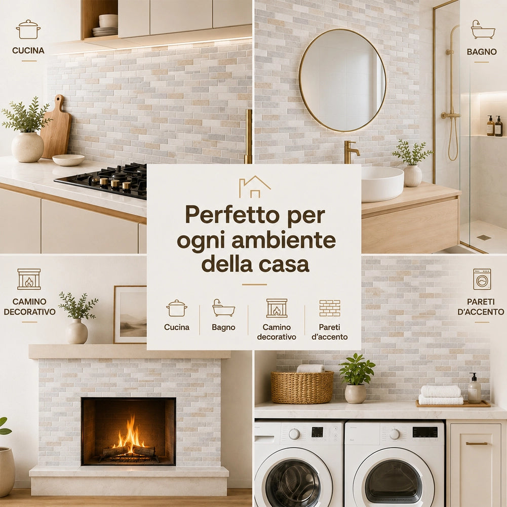 Set 10 Pannelli Adesivi Piastrelle Muro Parete 30.5 cm Decoro Mattoncini Beige