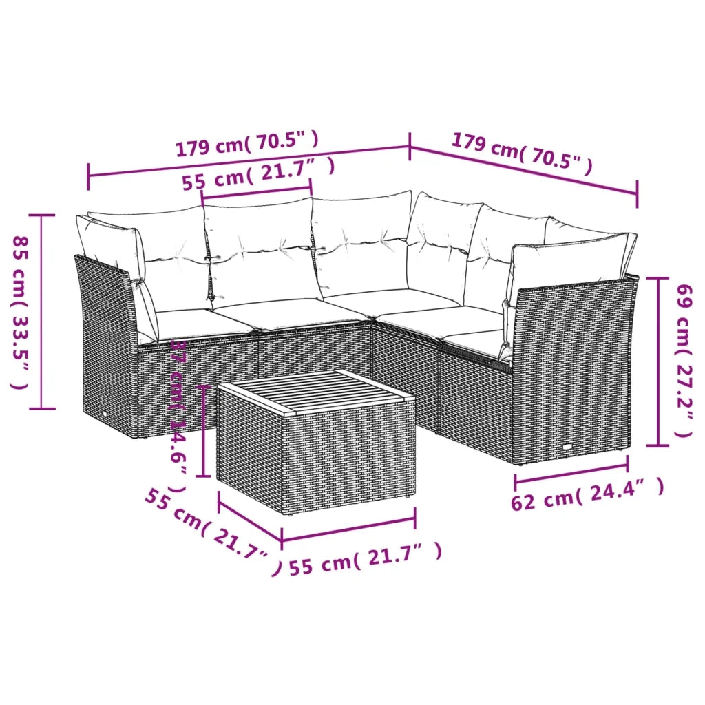 Set Divano da Giardino 6 pz con Cuscini Nero in Polyrattan