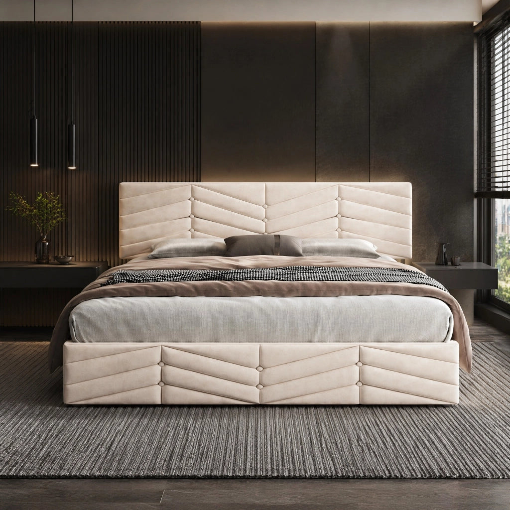LETTO Imbottito 140x190 cm in Velluto Beige con testiera regolabile