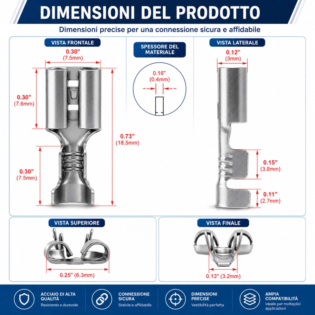 100 Terminali Capicorda Faston Femmina 6,3mm Con Linguetta A crimpare 100 Pezzi