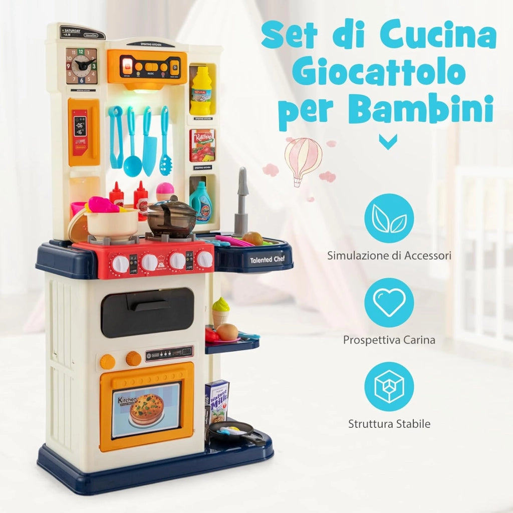 65 Pezzi Cucina Giocattolo per Bambini, Mini Cucina con Finto Vapore Cappa Aspirante, Rubinetto con Acqua Corrente, Canzoni, Luci e Suoni Realistici, 3 Anni+, 45 x 26 x 79 cm (Blu)