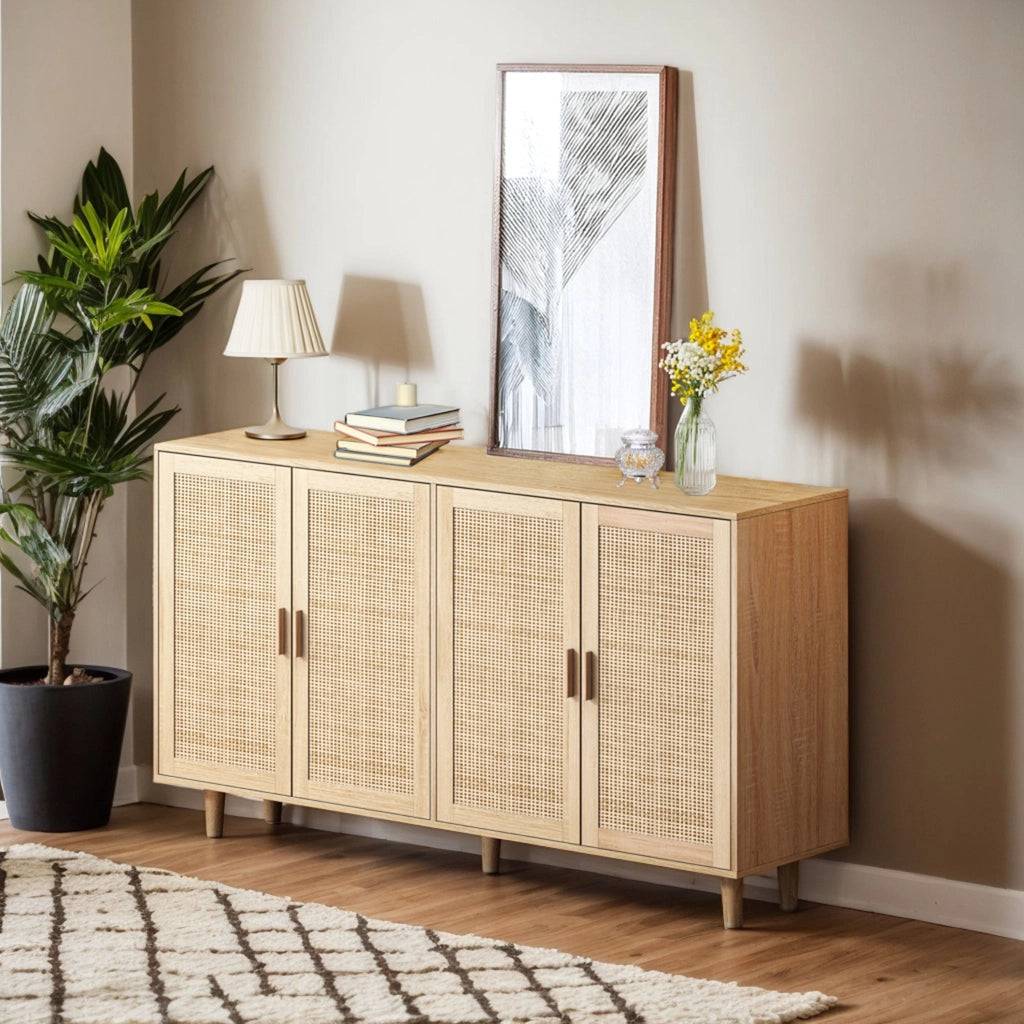 Credenza alta con 4 ante e ripiano regolabile per soggiorno in truciolare 158 x 40 x 88 cm naturale