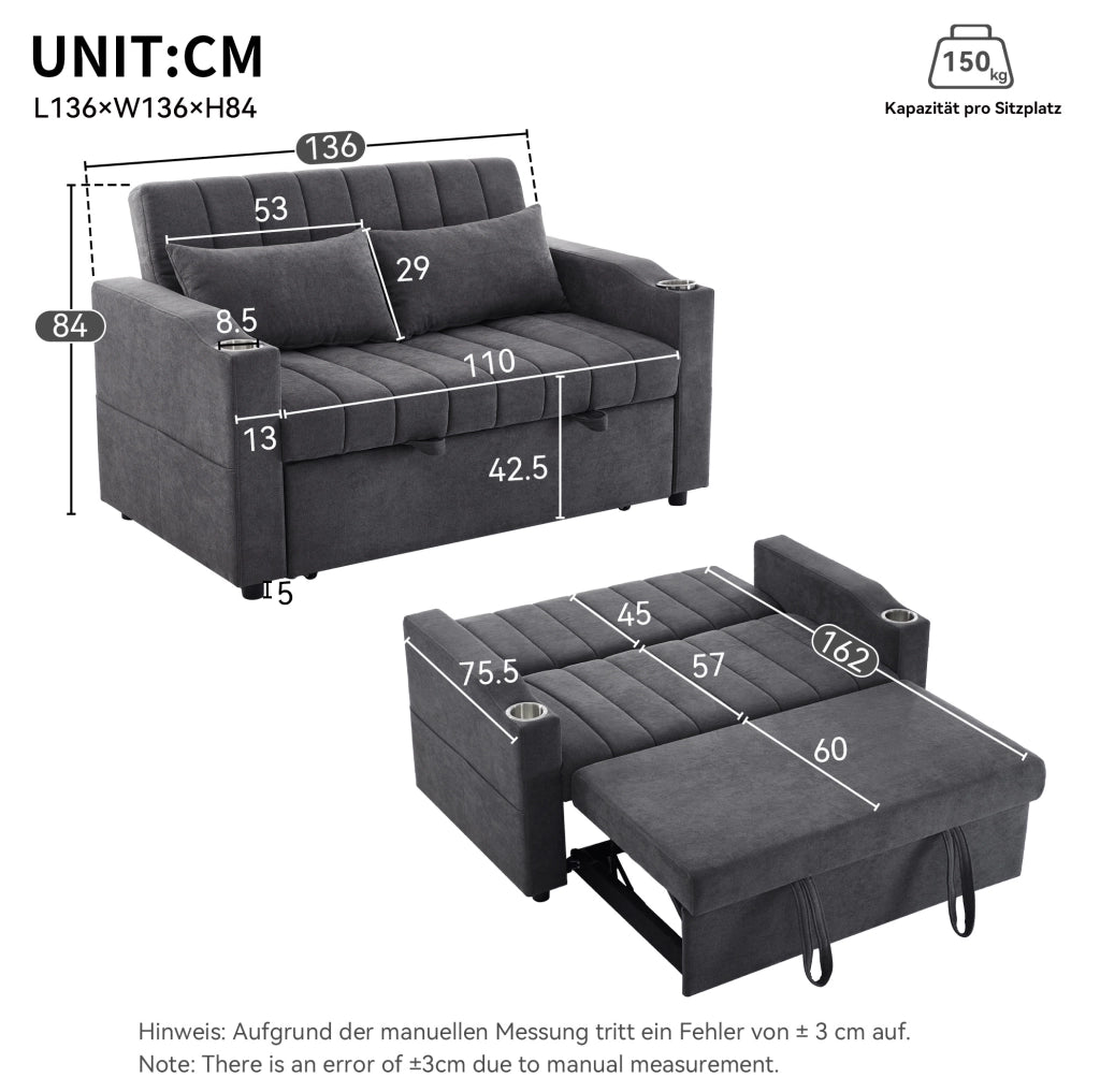 Divano letto 2 posti 136x162x84 cm in tessuto grigio con portabicchieri