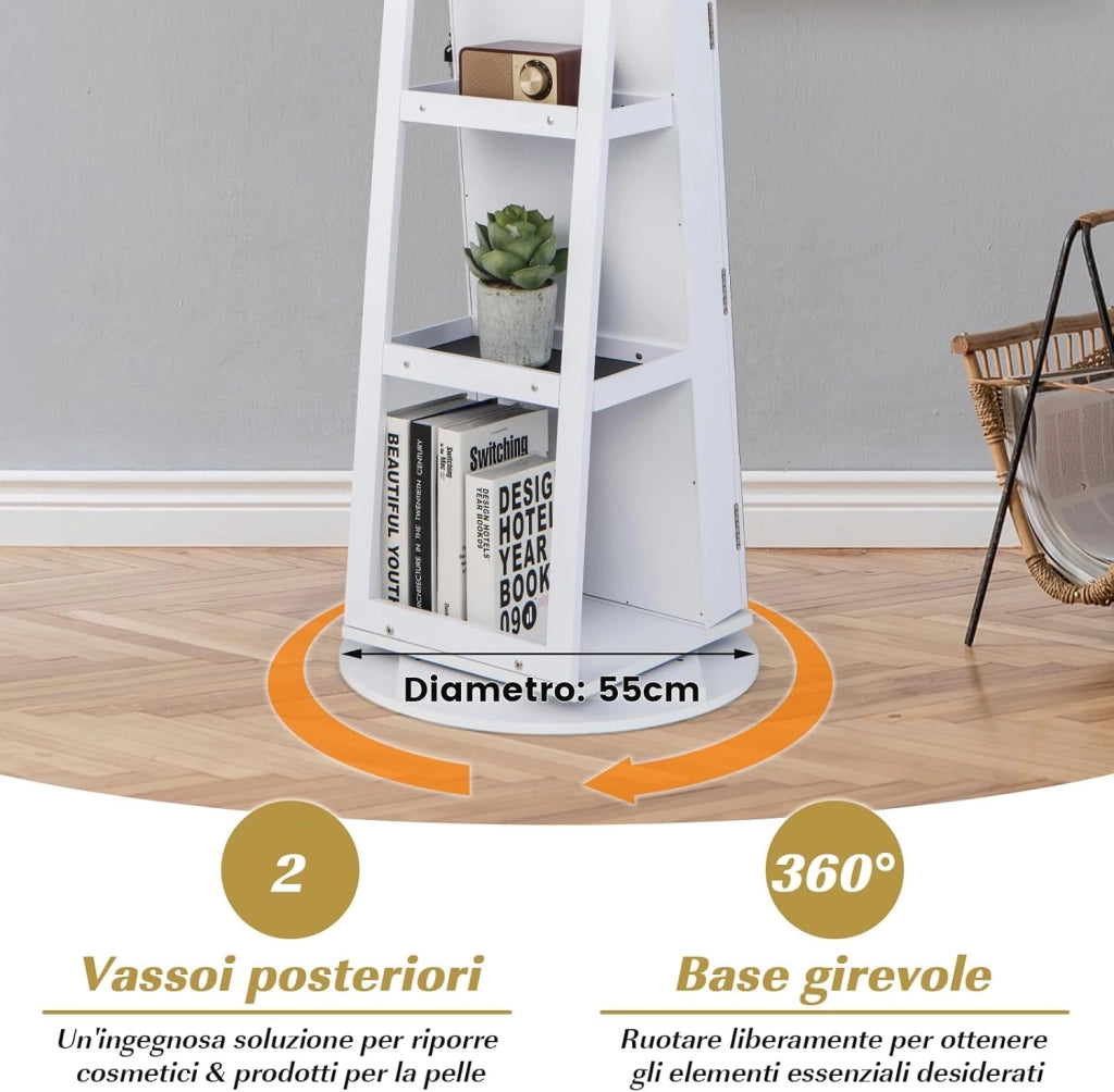 Armadietto per Gioielli Girevole a 360°, con Specchio a Figura Intera Luce a LED a 3 Colori, Specchio Interno per il Trucco con Serratura, 54,5 x 54,5 x 161cm (BIANCO)