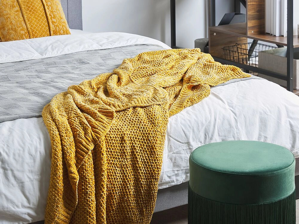 Plaid Coperta Giallo Ciniglia Lavorata A Maglia 150 x 200 cm Camera Da Letto Soggiorno Morbido Peluche