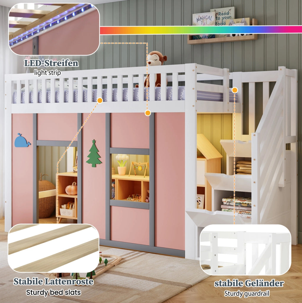 Letto a soppalco ULEVR 90x200 cm bianco e rosa con scala contenitore, LED e area gioco