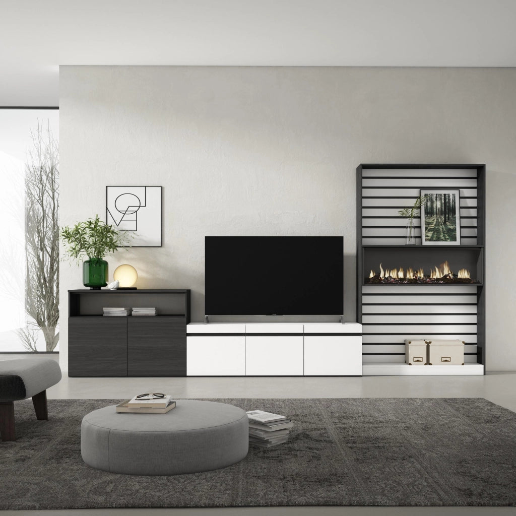 Mobile TV, Soggiorno, 360x35x186cm, Per TV fino a 65", Camino elettrico, Bianco e nero RF3188