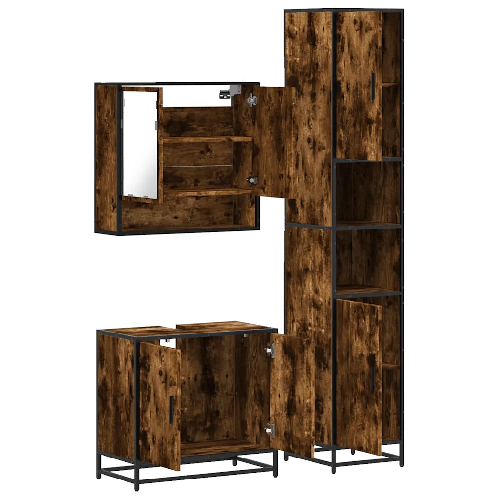 Set Mobili da Bagno 3 pz Rovere Fumo in Legno Multistrato 3301097