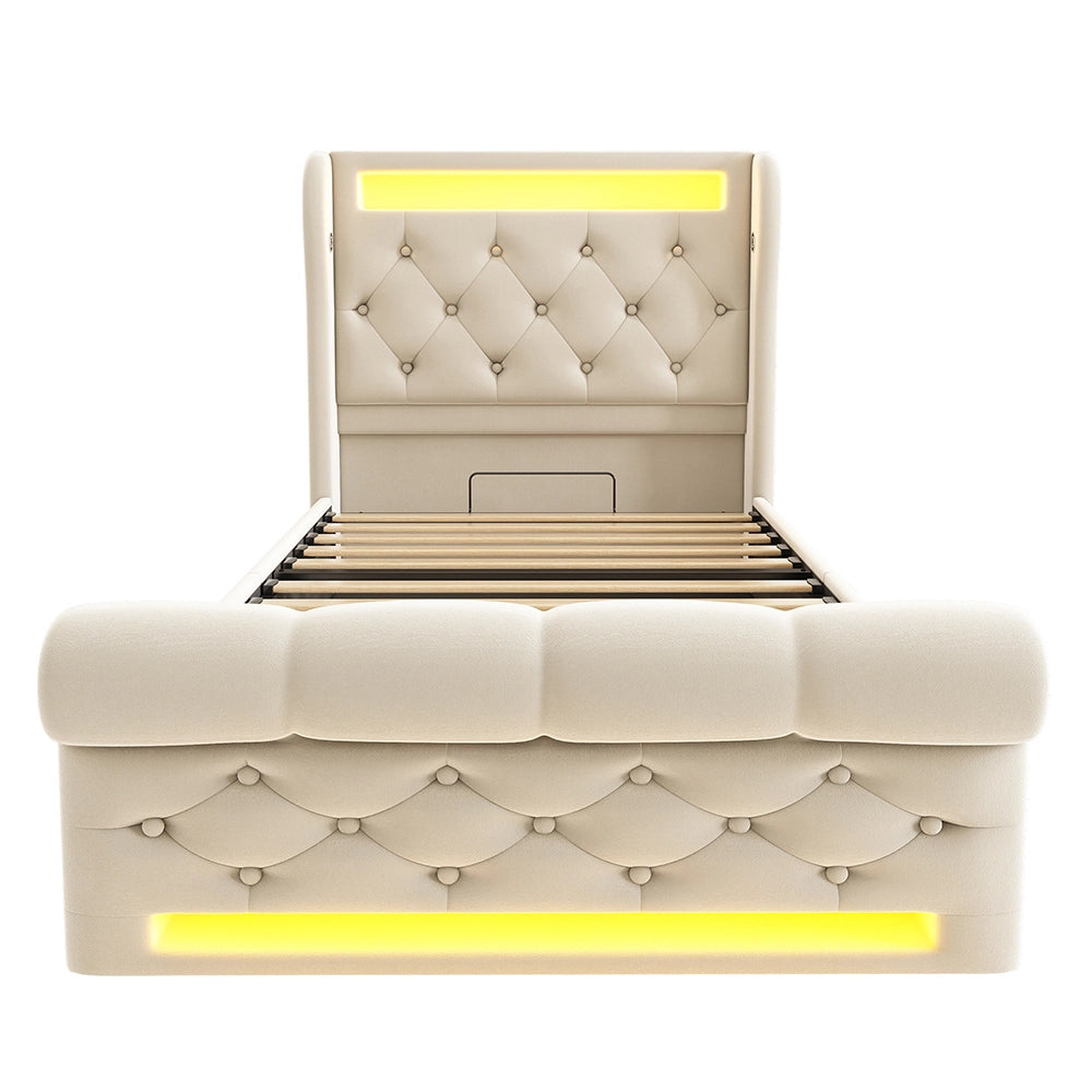 Letto singolo-Xylo-90x200 cm-LED, USB-C, idraulico, velluto beige