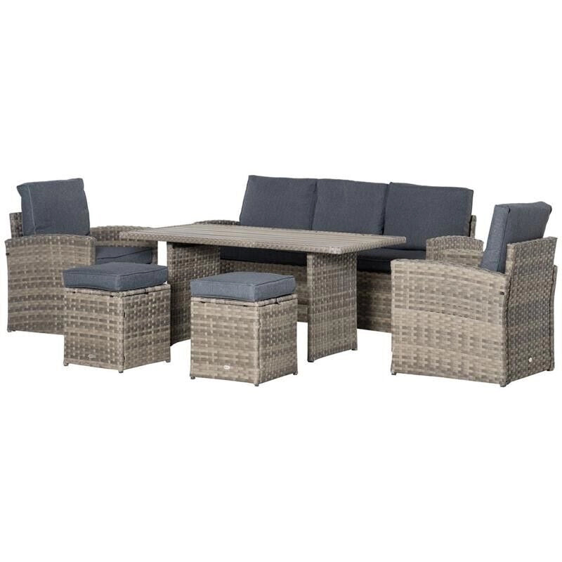 SET DA GIARDINO IN RATTAN PE CON DIVANO 3 POSTI 2 POLTRONE 2 SGABELLI E TAVOLO
