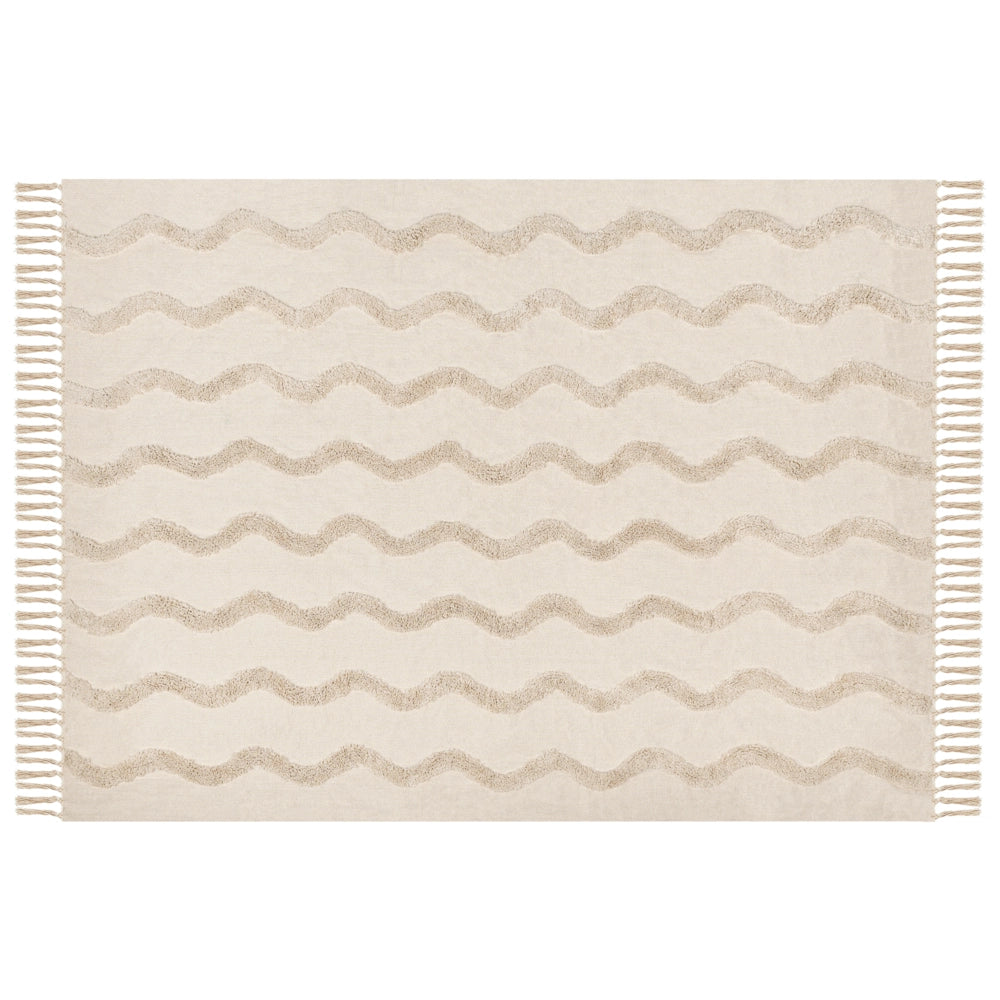 Coperta in cotone beige con frange e motivo geometrico 150 x 200 cm stile boho soggiorno camera da letto accessorio divano
