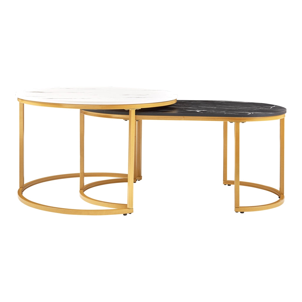 Set Oppeerg di 2 Tavolini Sovrapponibili da Salotto Rotondo e Ellittico - Effetto Marmo Nero-Bianco/Dorato [en.casa]