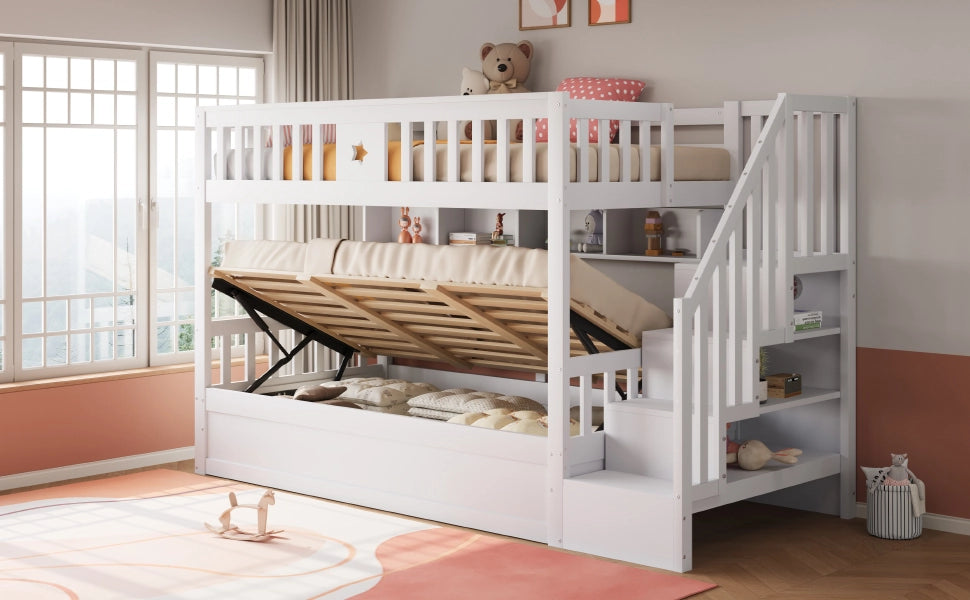 DESMIU Letto a castello 90 × 200 cm 1 posto con mensole, scala contenitore e letto idraulico, senza materasso, bianco
