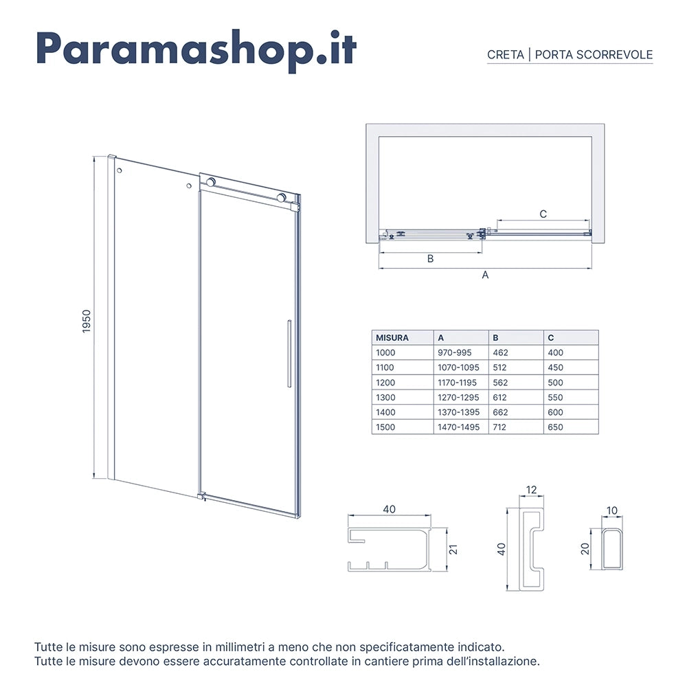 Porta doccia 120cm apertura scorrevole profili nero opaco vetro 8mm fumé h195 | Creta