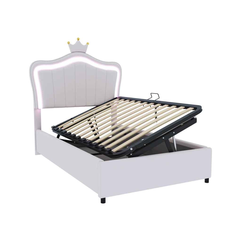 OKWISH Letto Contenitore 90×200 cm, Letto Singolo con LED Regolabile, Contenitore Idraulico e Testiera Regolabile, senza Materasso, Bianco