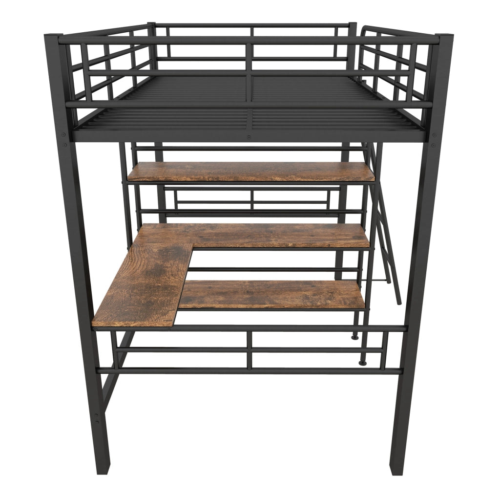 Letto a soppalco 90x200 cm con scrivania, ripiani e scala in metallo