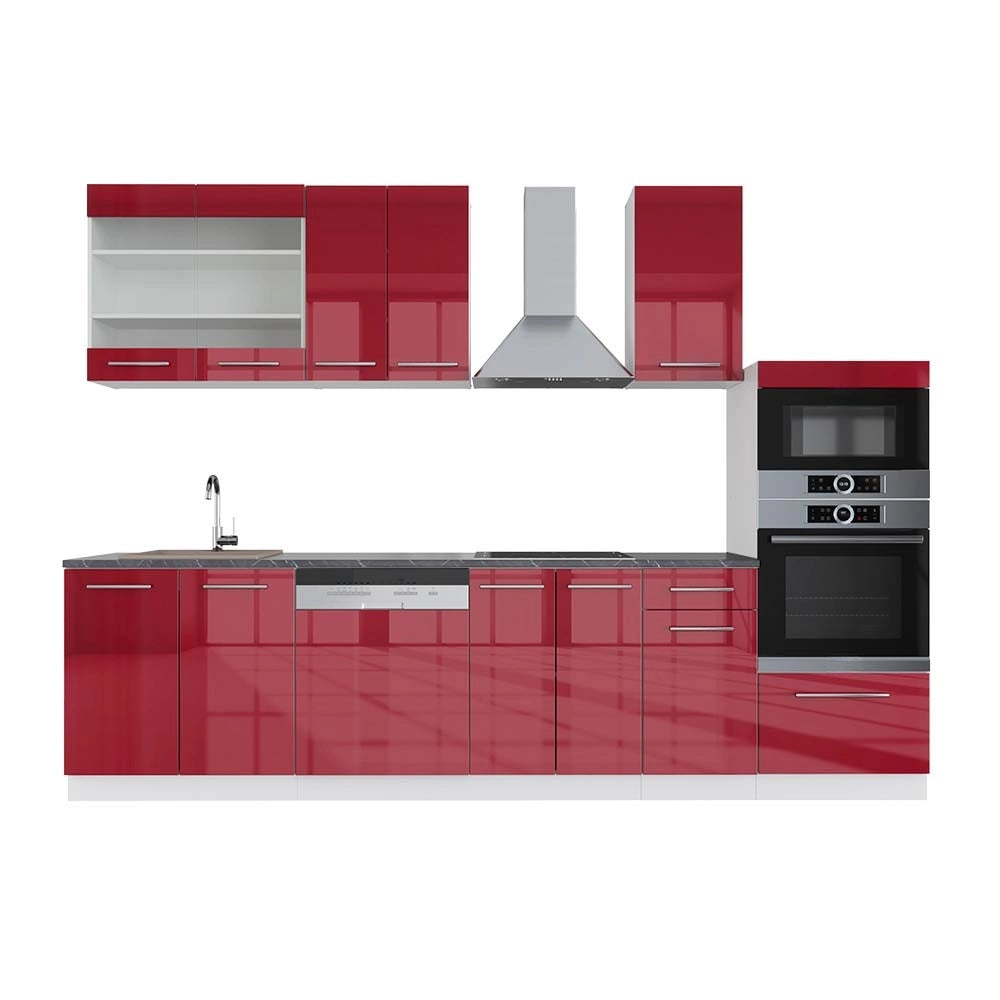 Cucina componibile Fame-Line Bordeaux lucido/Bianco 300 cm con armadio alto, PL Antracite Vicco