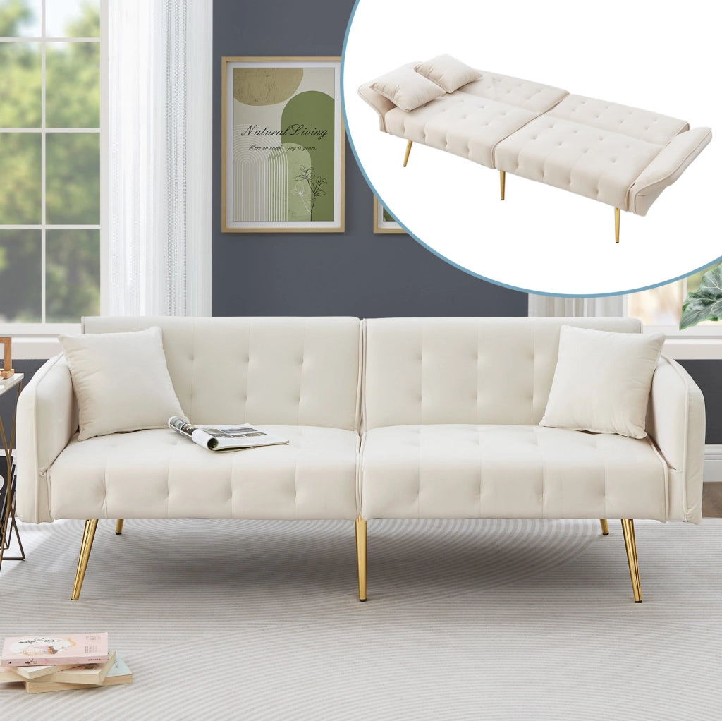 Divano letto 2 posti convertibile con schienale reclinabile; 215 x 81;5 cm; velluto bianco antico