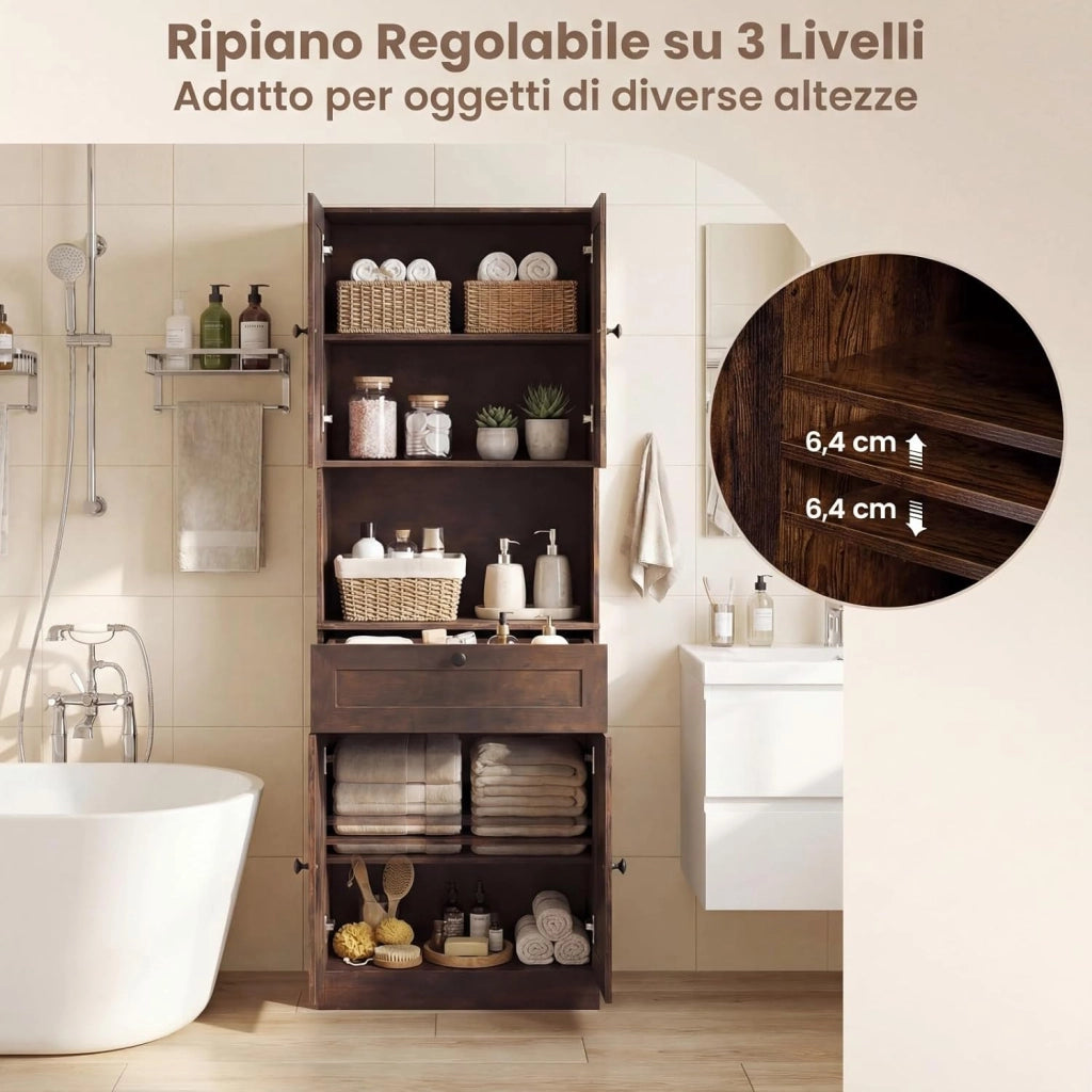 Mobile da Bagno Salvaspazio, Mobile da Terra con 4 Ante, 1 Cassetto, Vano Aperto e Ripiani Regolabili, Credenza Dispensa Cucina in Lgeno per Soggiorno e Ingresso, 60 x 35 x 171,5 cm (Marrone)