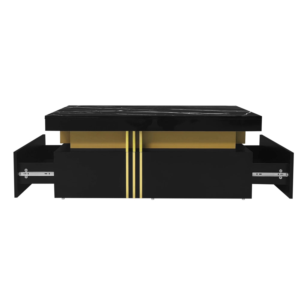 Tavolino da caffè rettangolare con 2 cassetti; piano lucido effetto marmo; lati in metallo oro; nero; 100 × 50 × 40 cm