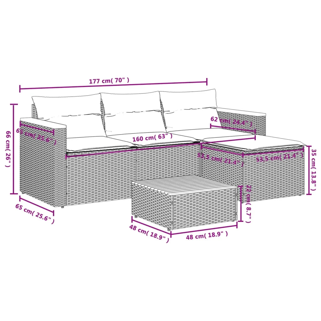 Set Divano Giardino 5 pz con Cuscini Grigio Polyrattan Acacia