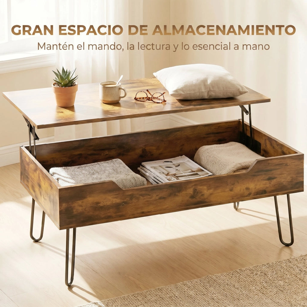 Tavolino da caff¨¨ con piano elevabile e vano nascosto ¨C zephmum ¨C marrone r¨²stico, gambe in acciaio, 95x50x40 cm