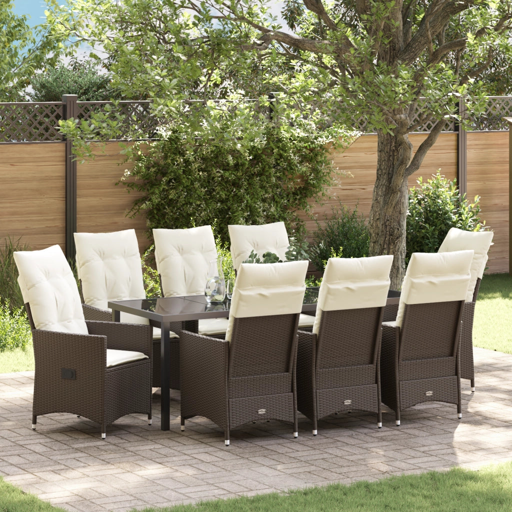 Set da Pranzo da Giardino 9 Pezzi con Cuscini Marrone in Polyrattan