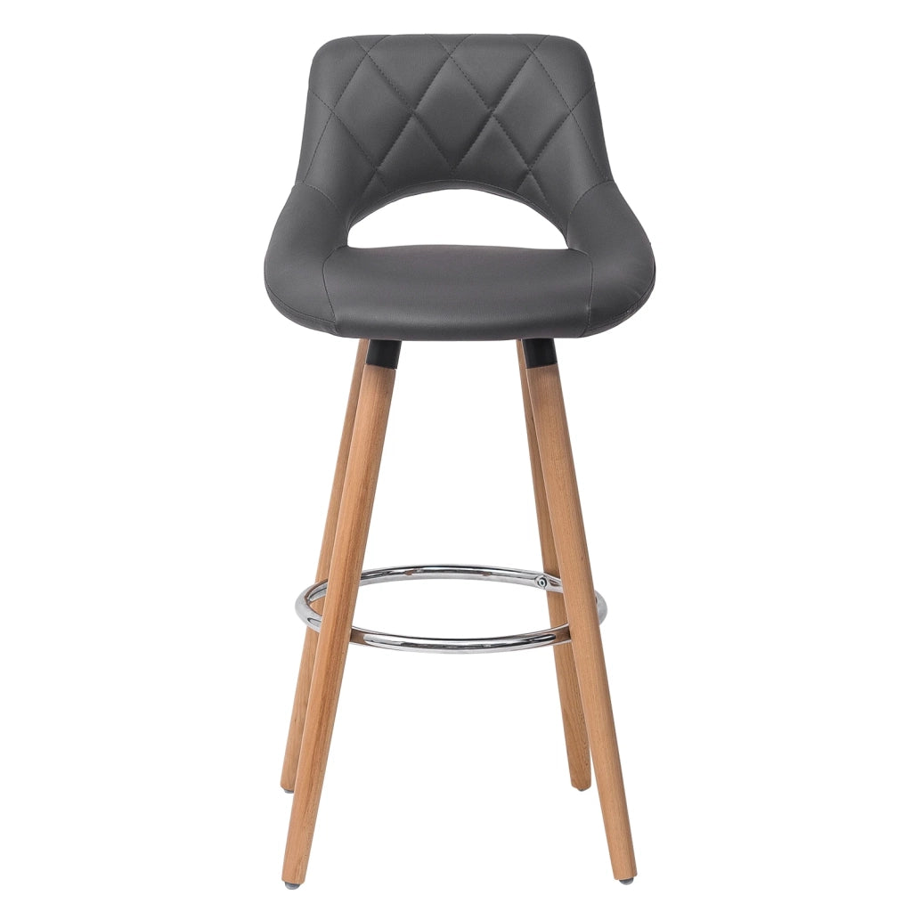 Sgabello bar grigio con schienale, seduta in similpelle e gambe in legno massello, H 91 cm