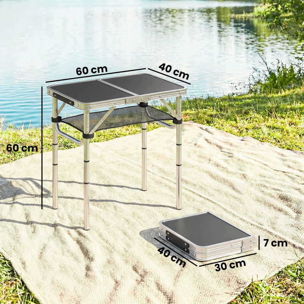 Tavolo Campeggio Pieghevole 60x40x 60 cm Picnic con Ripiano a Rete in Alluminio e MDF Nero